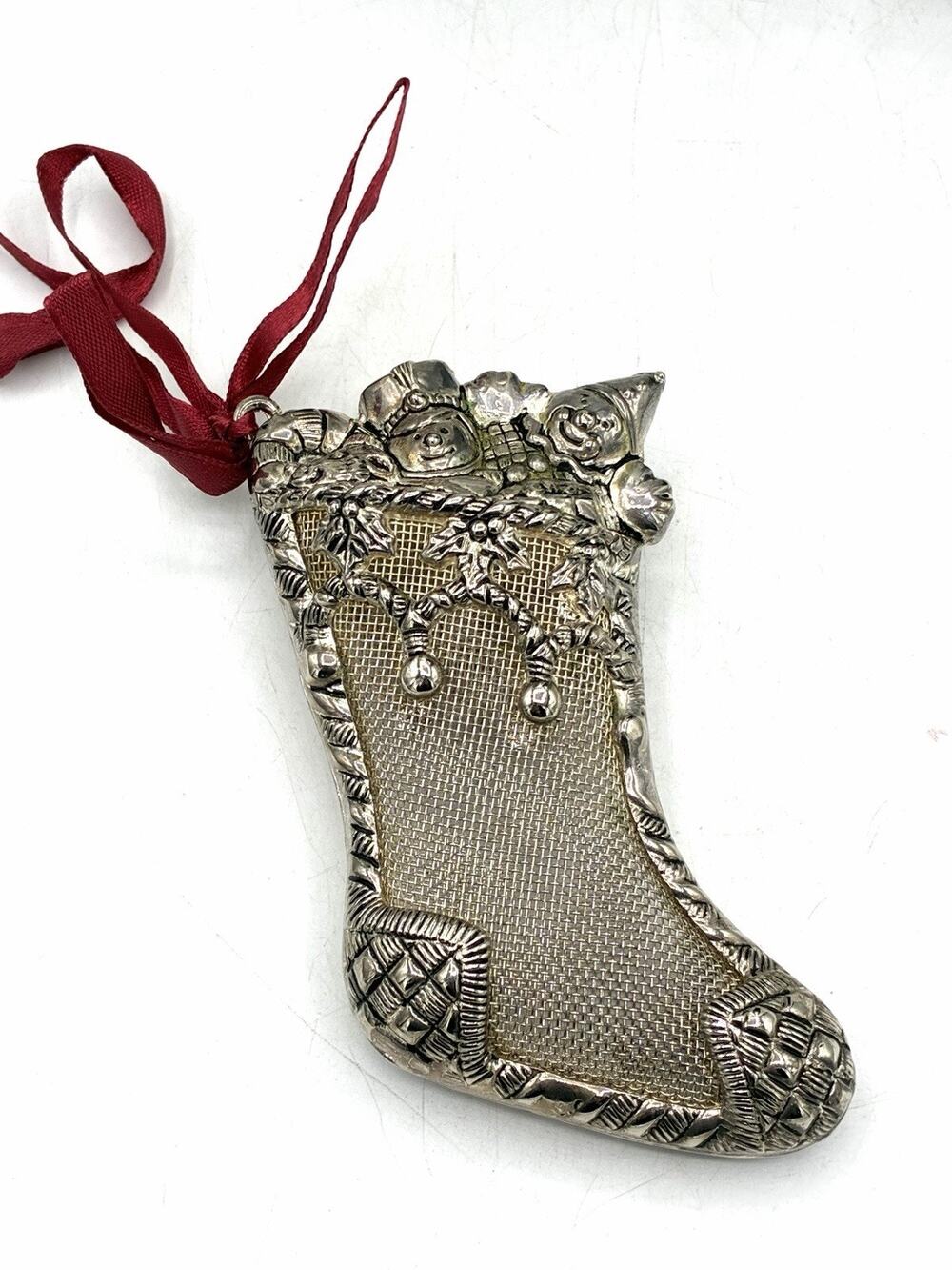 Lenox Silverplate Christmas Stocking Ornament Embossed Toys Holly Repousse